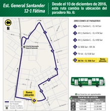 servicio alimentador 12-1 Estaci&oacute;n Intermedia General Santander-F&aacute;tima cambiar&aacute; la ubicaci&oacute;n del paradero n&uacute;mero 6 que quedar&aacute; en la carrera 54 con calle 50 A sur