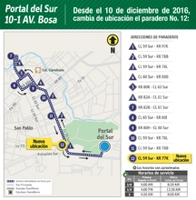 rutas alimentadoras 10-1 Av. Bosa, que modificar&aacute; su parada n&uacute;mero 12 la cual estar&aacute; ubicada la calle 59 sur con carrera 77 K