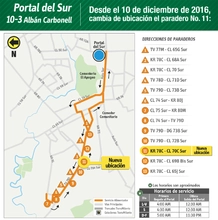 10-3 Alb&aacute;n Carbonell, que tendr&aacute; una variaci&oacute;n en la parada n&uacute;mero 11, la cual estar&aacute; en la Cra 78C con calle 70C sur