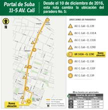 ruta 11-5 Avenida Cali, que tendr&aacute; una modificaci&oacute;n en su parada n&uacute;mero 5 en la carrera 102A con calle 129C