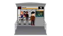 Imagen ilustrada de una estaci&oacute;n de TransMilenio con taquilla
