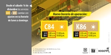Rutas C84 y K86 cambian su horario
