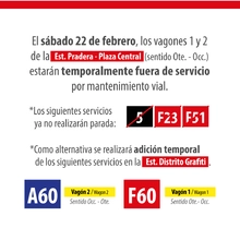 Cierre temporales de vagones 1 y 2 de estaci&oacute;n Pradera - Plaza Central