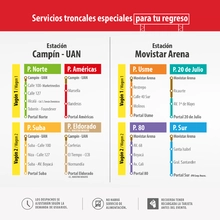 TransMi habilit&oacute; el servicio en las estaciones Movistar Arena y Camp&iacute;n &ndash; UAN con rutas con destino hacia los portales de la 80, Sur, Usme, 20 de Julio, Suba, Eldorado, Norte y Am&eacute;ricas. Los despachos de estos servicios se ajustar&aacute;n seg&uacute;n la demanda de usu