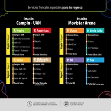 TransMi habilit&oacute; el servicio en las estaciones Movistar Arena y Camp&iacute;n &ndash; UAN con rutas con destino hacia los portales de la 80, Sur, Usme, 20 de Julio, Suba, Eldorado, Norte y Am&eacute;ricas. Los despachos de estos servicios se ajustar&aacute;n seg&uacute;n la demanda de usu