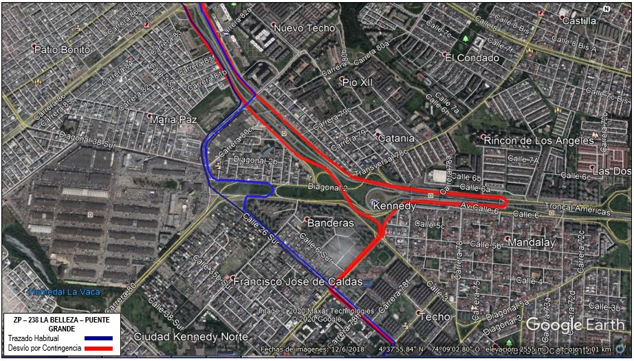 Mapa de la ruta ZP 238 con desvío en la localidad de Kennedy