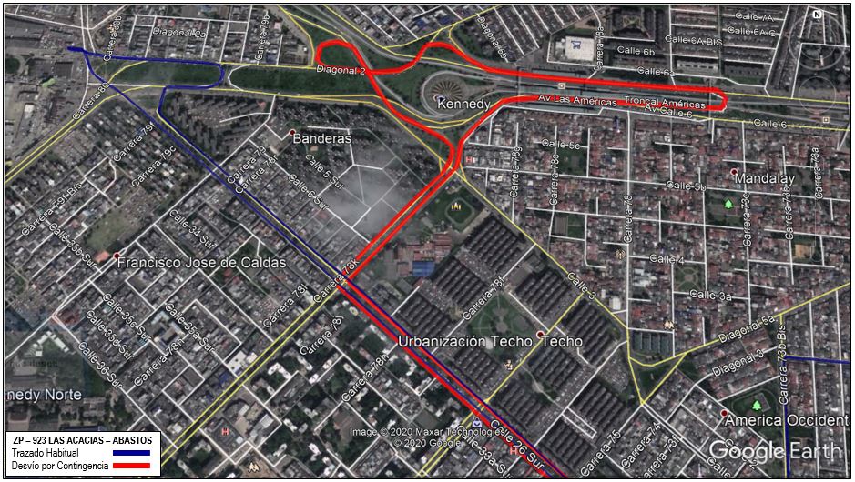 Mapa de la ruta ZP 923 con desvío en la localidad de Kennedy