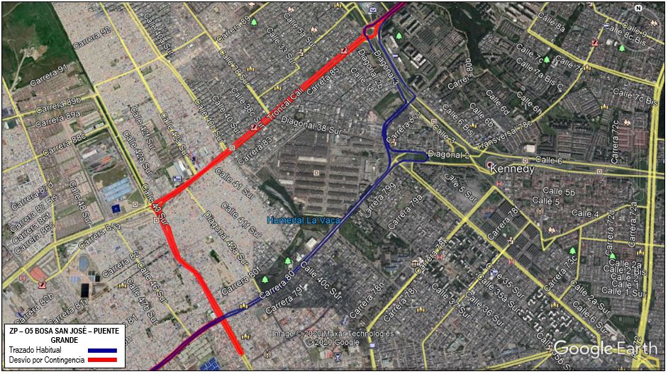 Mapa de la ruta ZP-O5 Bosa San José - Puente Grande con desvío en Kennedy 