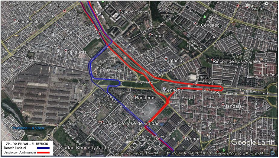 Mapa de la ruta ZP-P64 El Uval - El Refugio