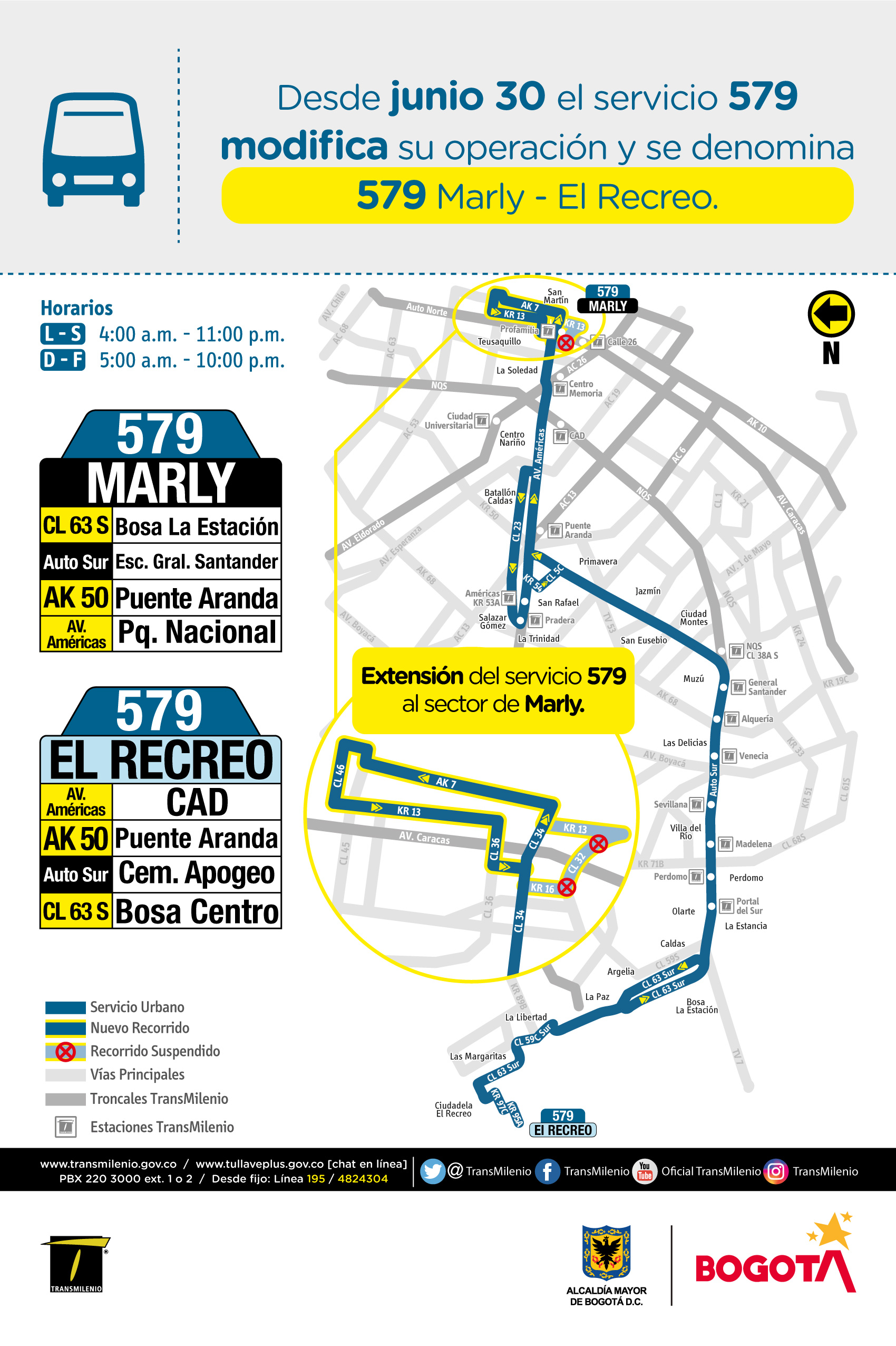 Mapa de la ruta 579 con modificaciones operacionales