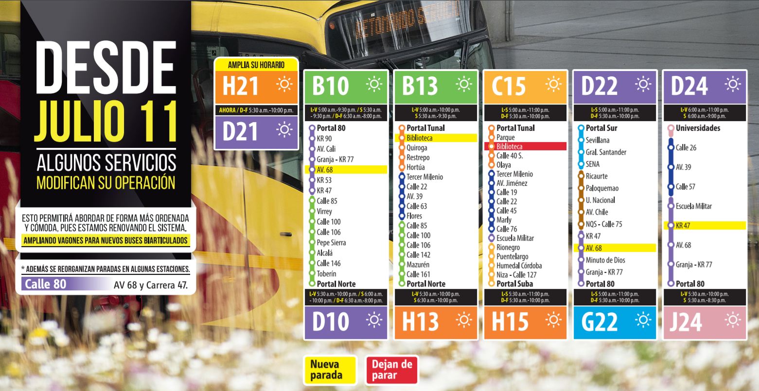 Cambios operacionales de rutas troncales: H21-D21, B10-D10, B13-H13, C15-H15, D22-G22, D24-J24