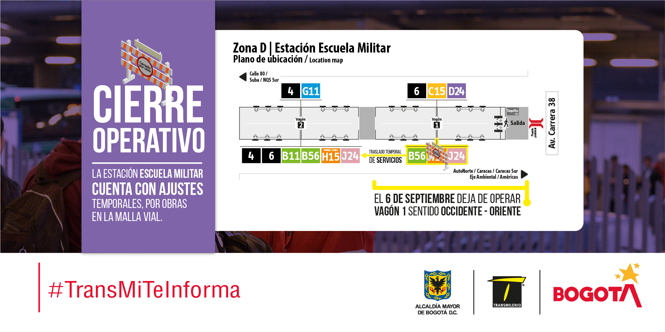 Plano de estación Escuela Militar, ubicación de paradas de servicios troncales