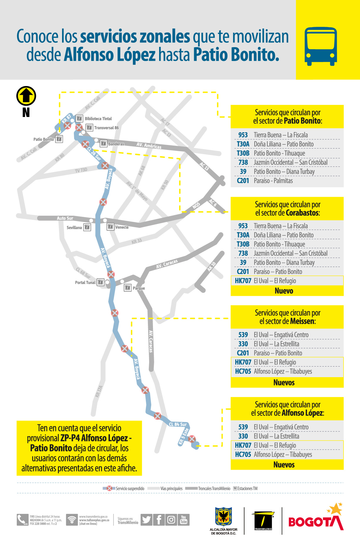Mapa con alternativas de movilidad en los sectores de Alfonso López, en la localidad de Usme, y Patio Bonito 