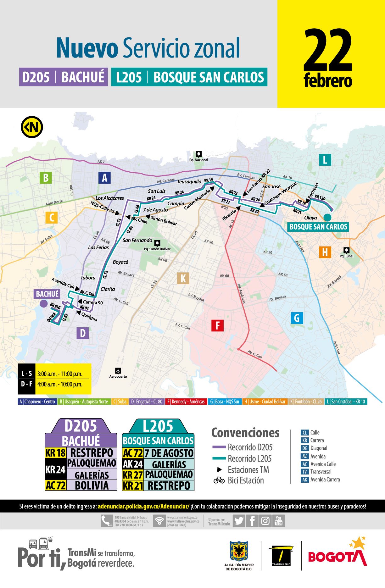 Mapa de la ruta D205 Bachué - L205 Bosque San Carlos