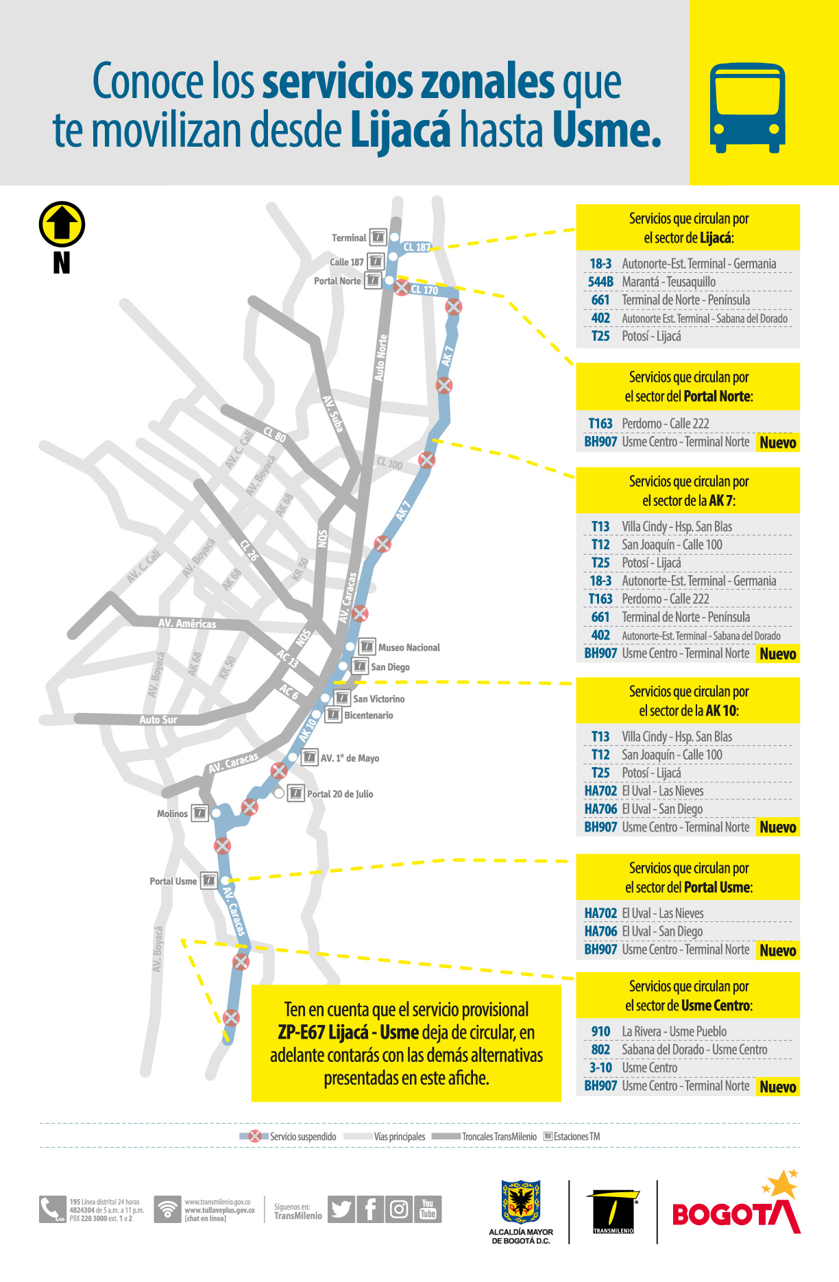  ruta provisional ZP-E67 Lijacá - Usme que dejará de circular a partir del próximo sábado 1 de mayo de 2021