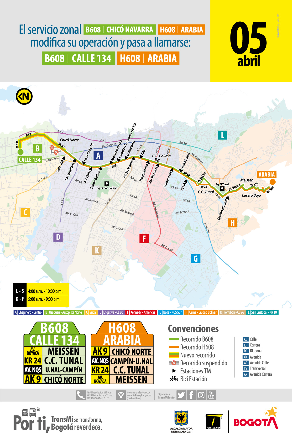 Servicio B608 Chicó Navarra H608 Arabia ahora se llamará B608 Calle 134 H608 Arabia