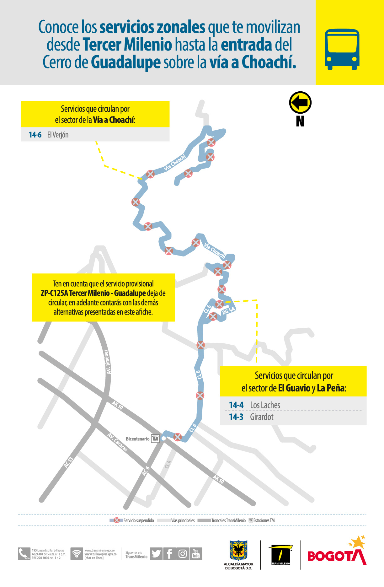 Con estas rutas puedes movilizarte entre el sector de Tercer Milenio y la entrada del cerro de Guadalupe vía Choachí