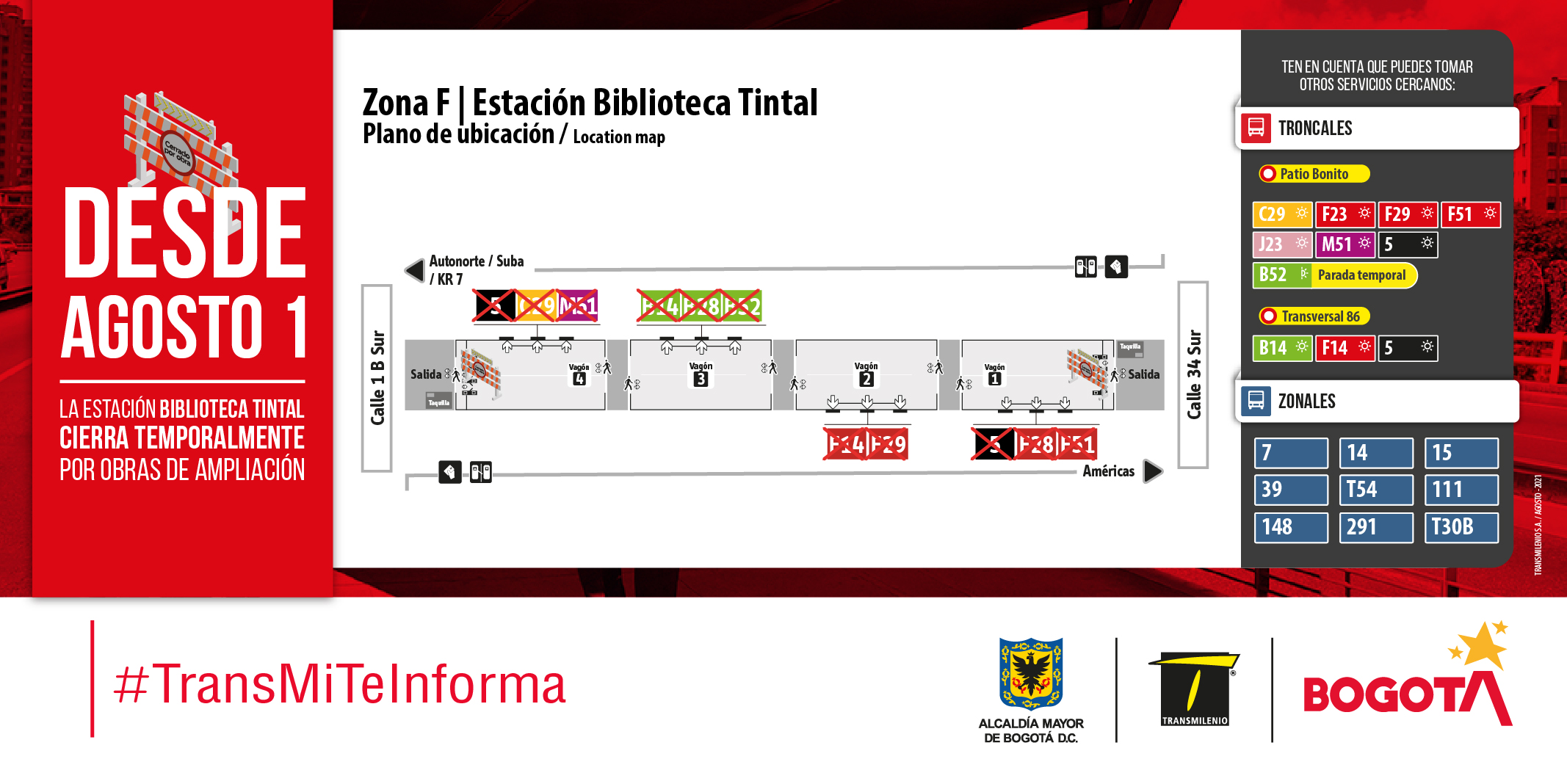 Estación Biblioteca Tintal tendrá un cierre temporal