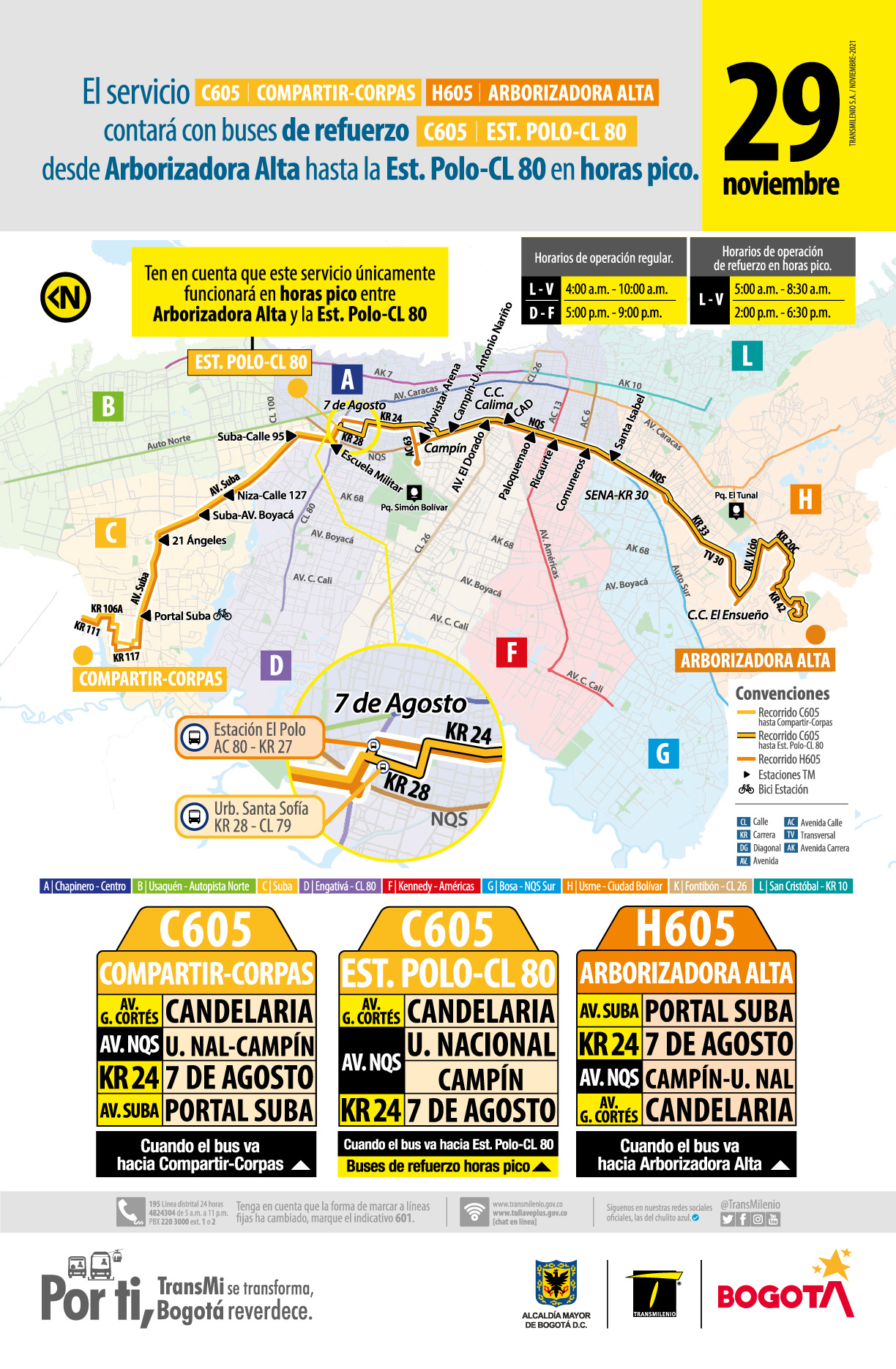C605 Est.Polo - Calle 80 contará con buses de refuerzo en horas pico