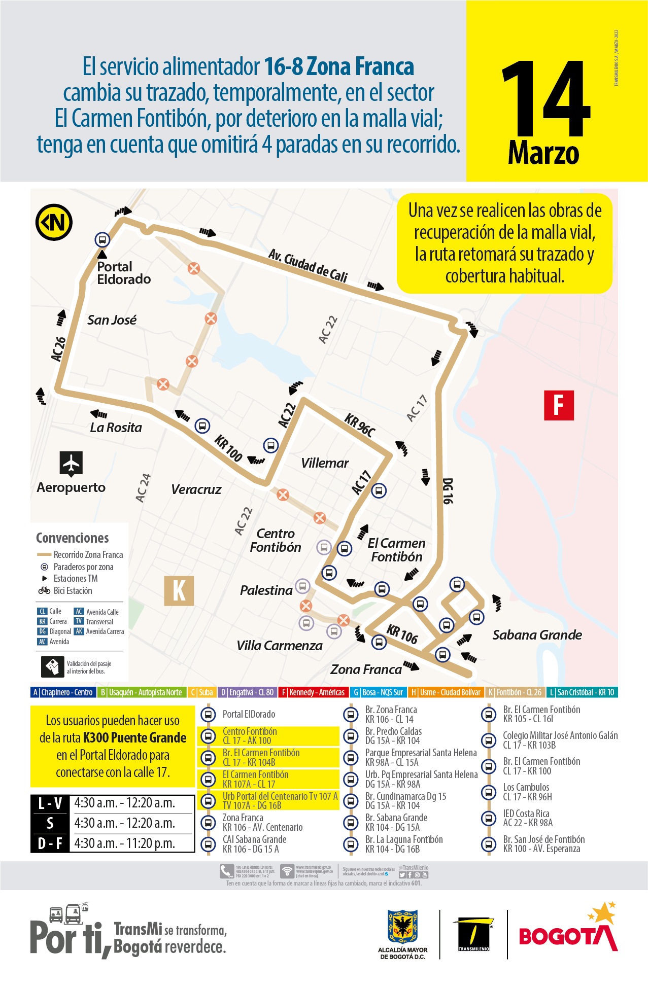 Servicio alimentador 16-8 Zona Franca cambia su trazado temporalmente