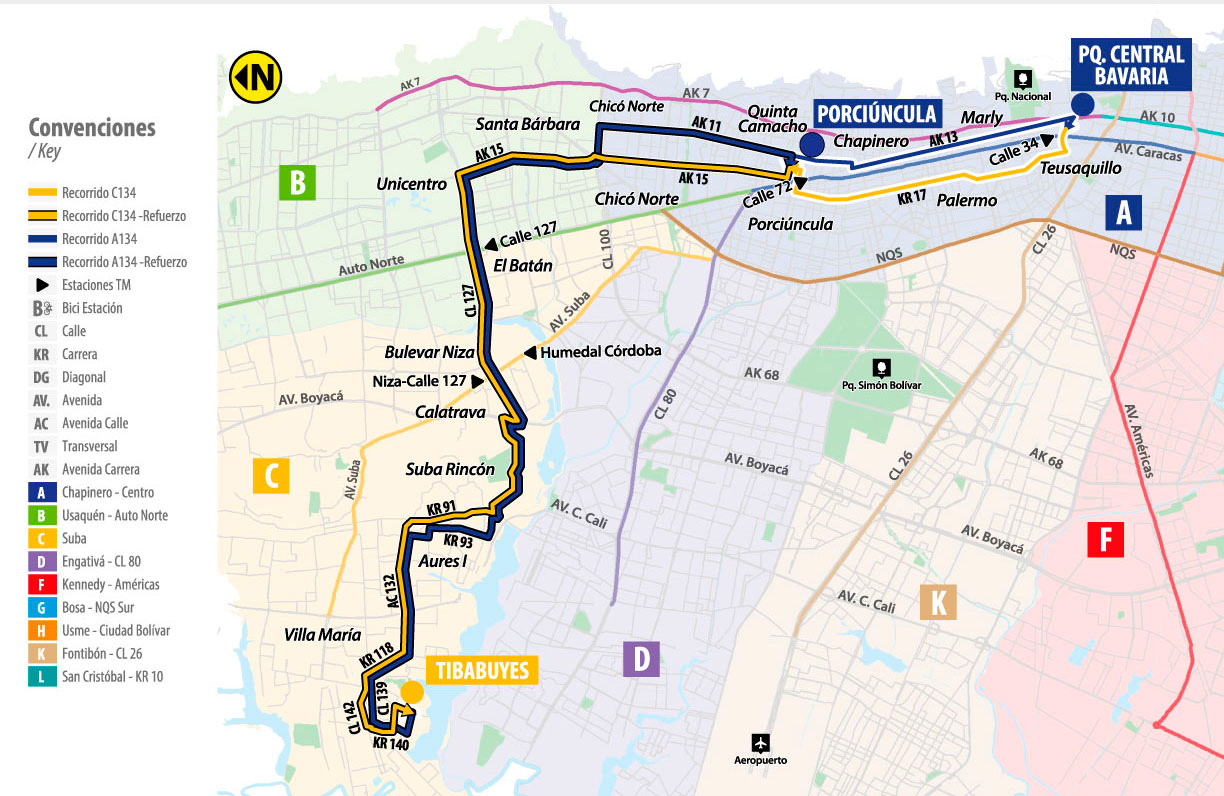 Recorrido de la ruta C134  Tibabuyes - A134 Porciúncula