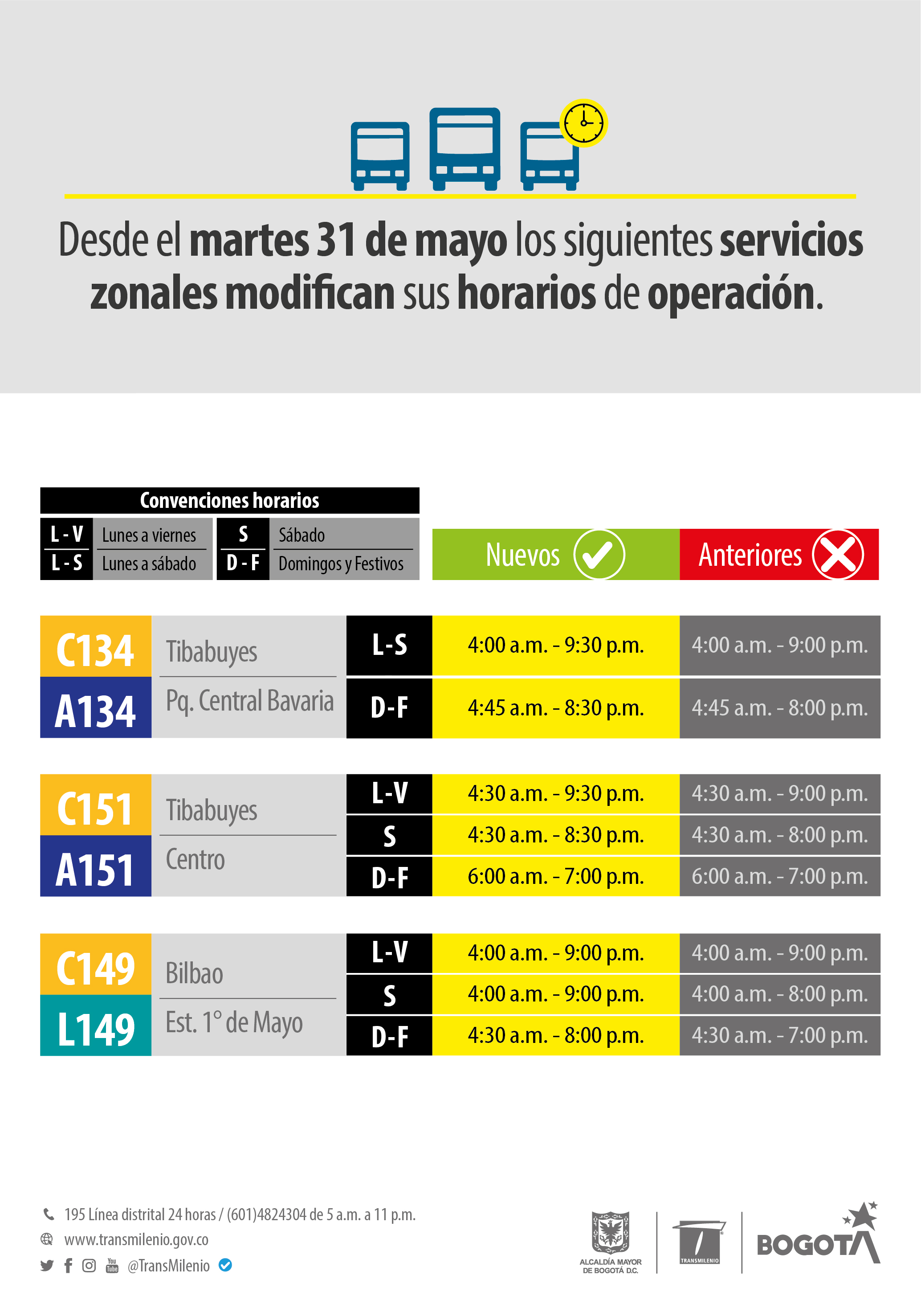 Horario nuevo de las rutas CA134, CA151 y CL149