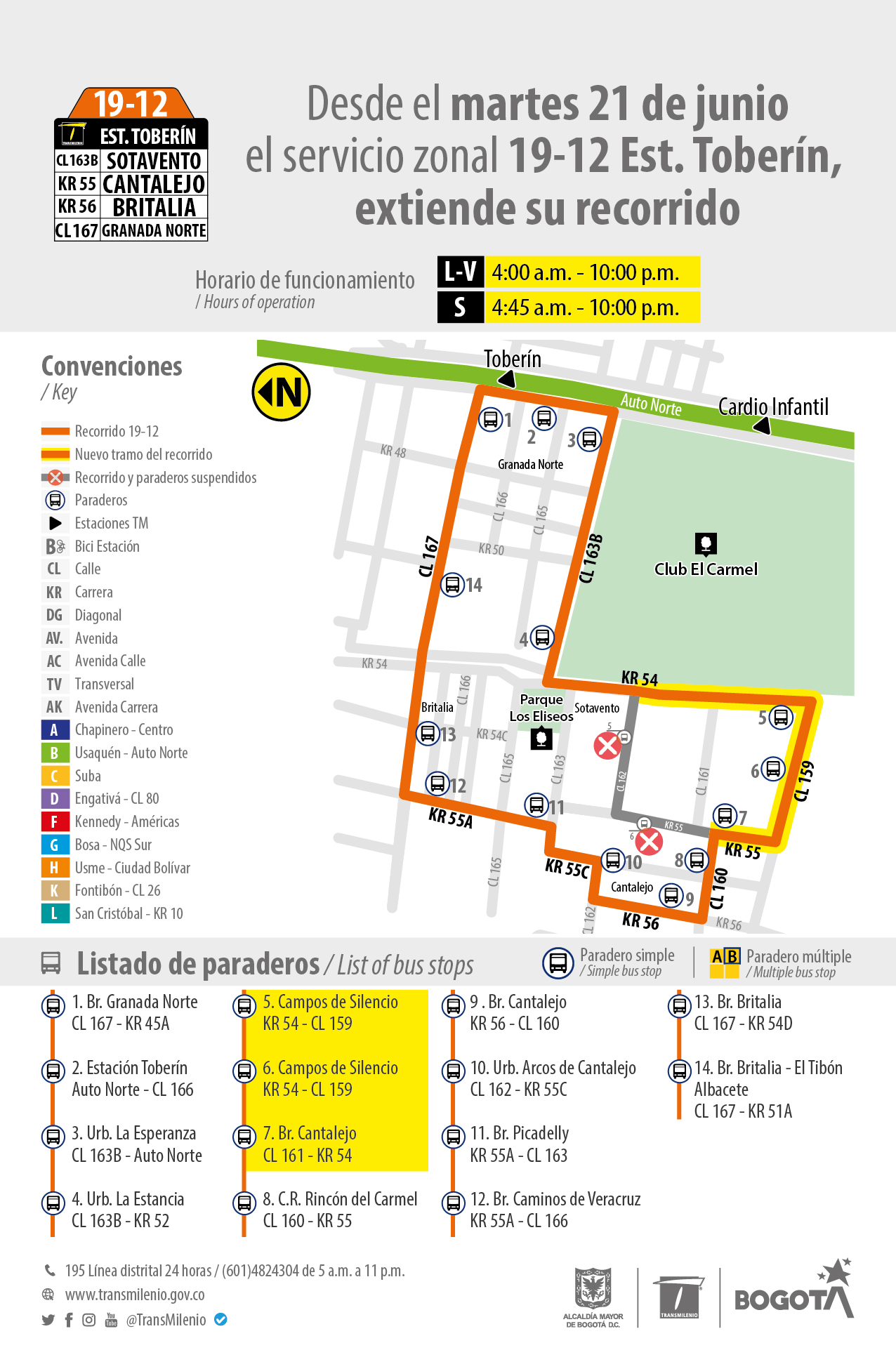 Recorrido de la ruta 19-12 por la Carrera 54 con Calle 159 y en el barrio Cantalejo pasando en la Calle 161 con Carrera 54.