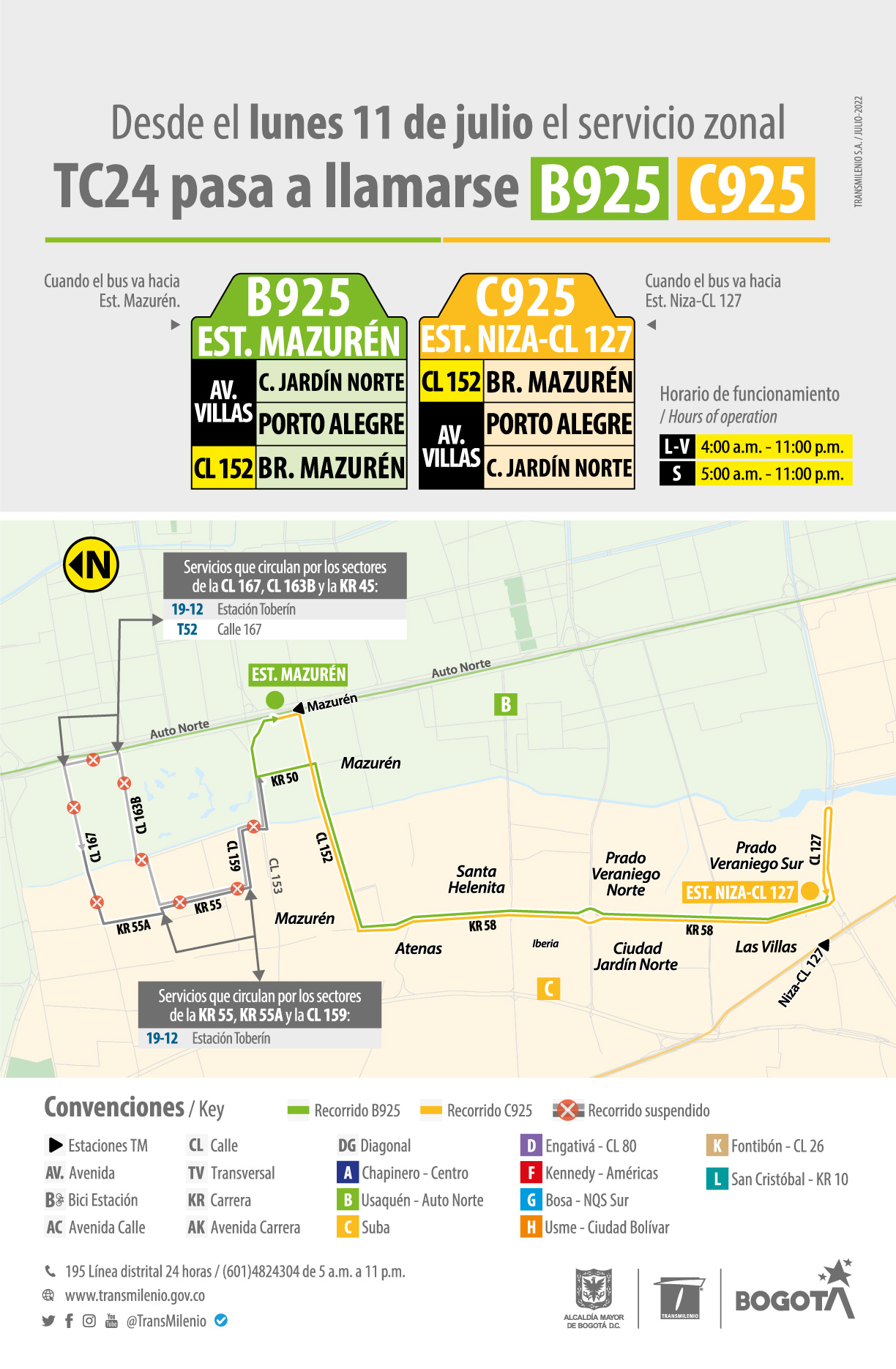 Recorrido de la ruta B925 Estación Mazurén-C925 Estación Niza Calle 127