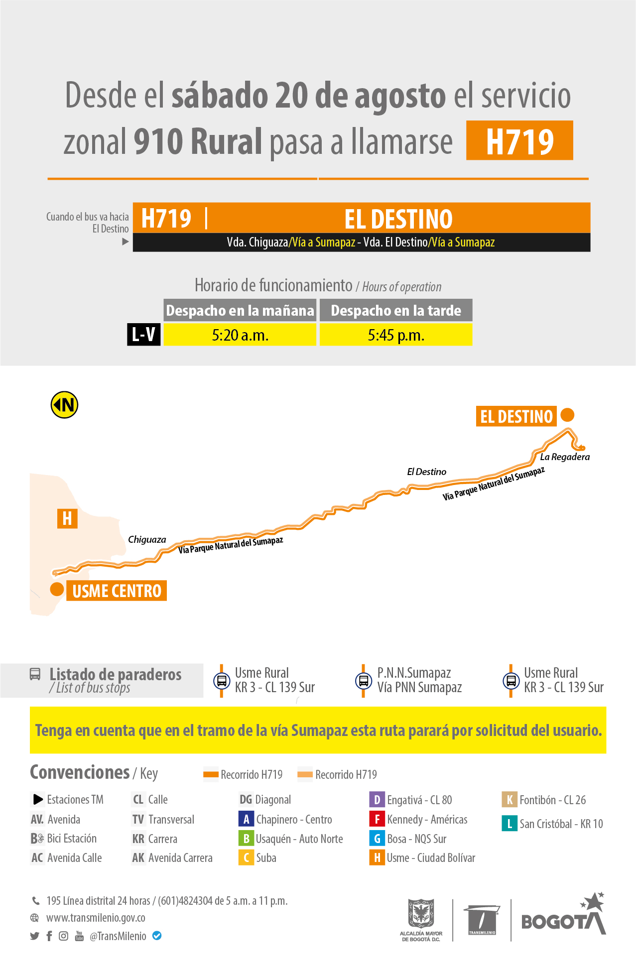 Recorrido de la ruta H719 El Destino