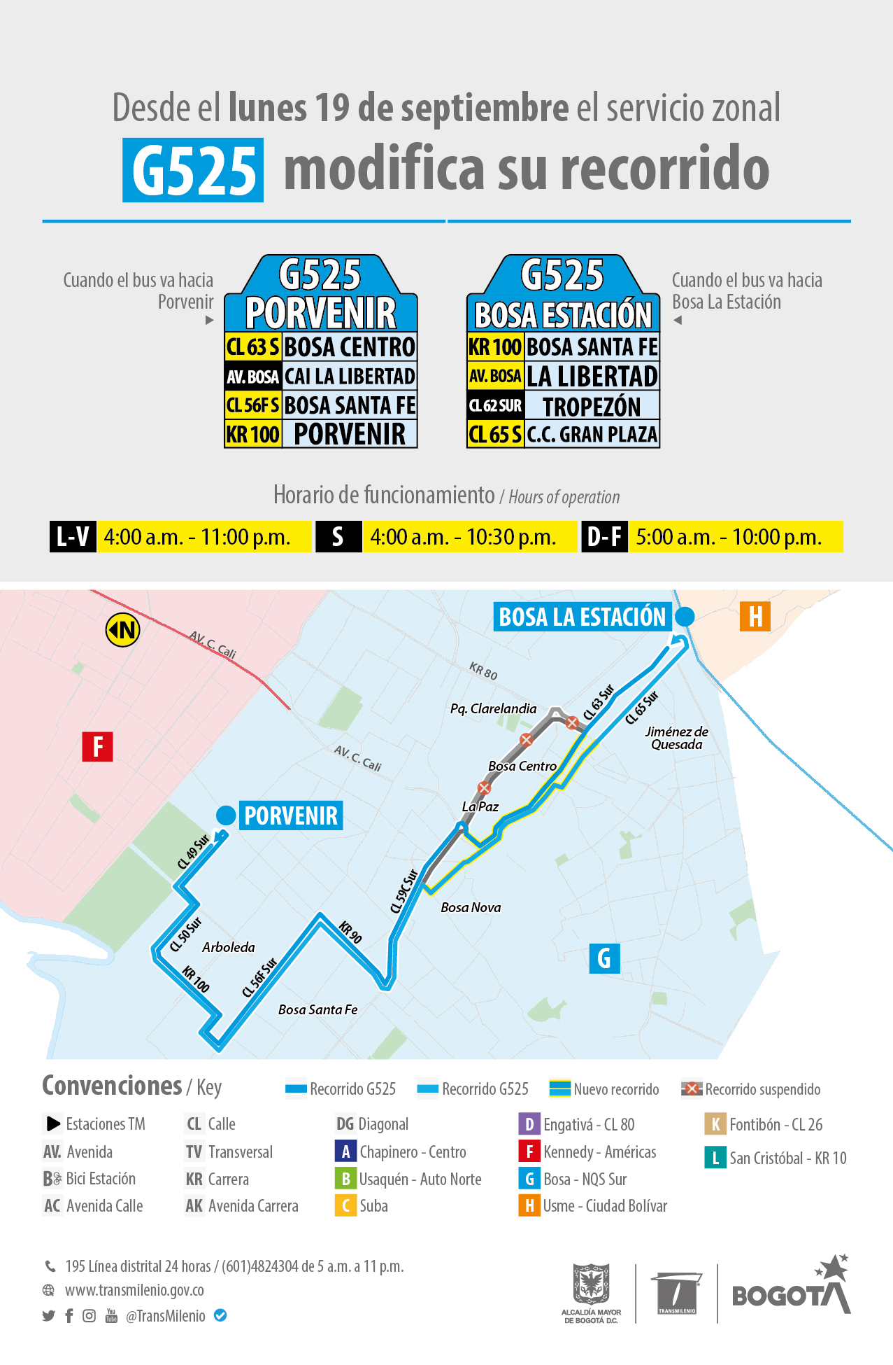 Recorrido ajustado de la ruta G525 el cuál dejará de circular por un tramo de la Avenida Bosa 