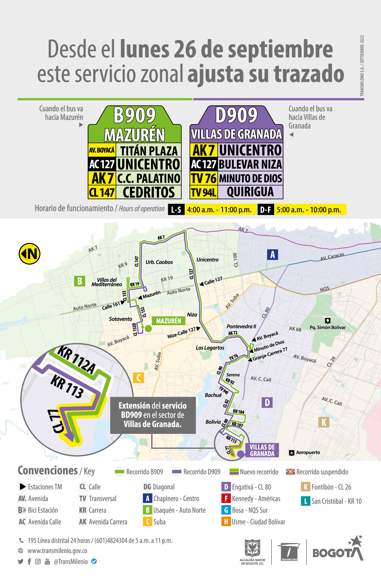 Recorrido de la ruta B909-D909 con el ajuste  en le sector de sector de Villas de Granada
