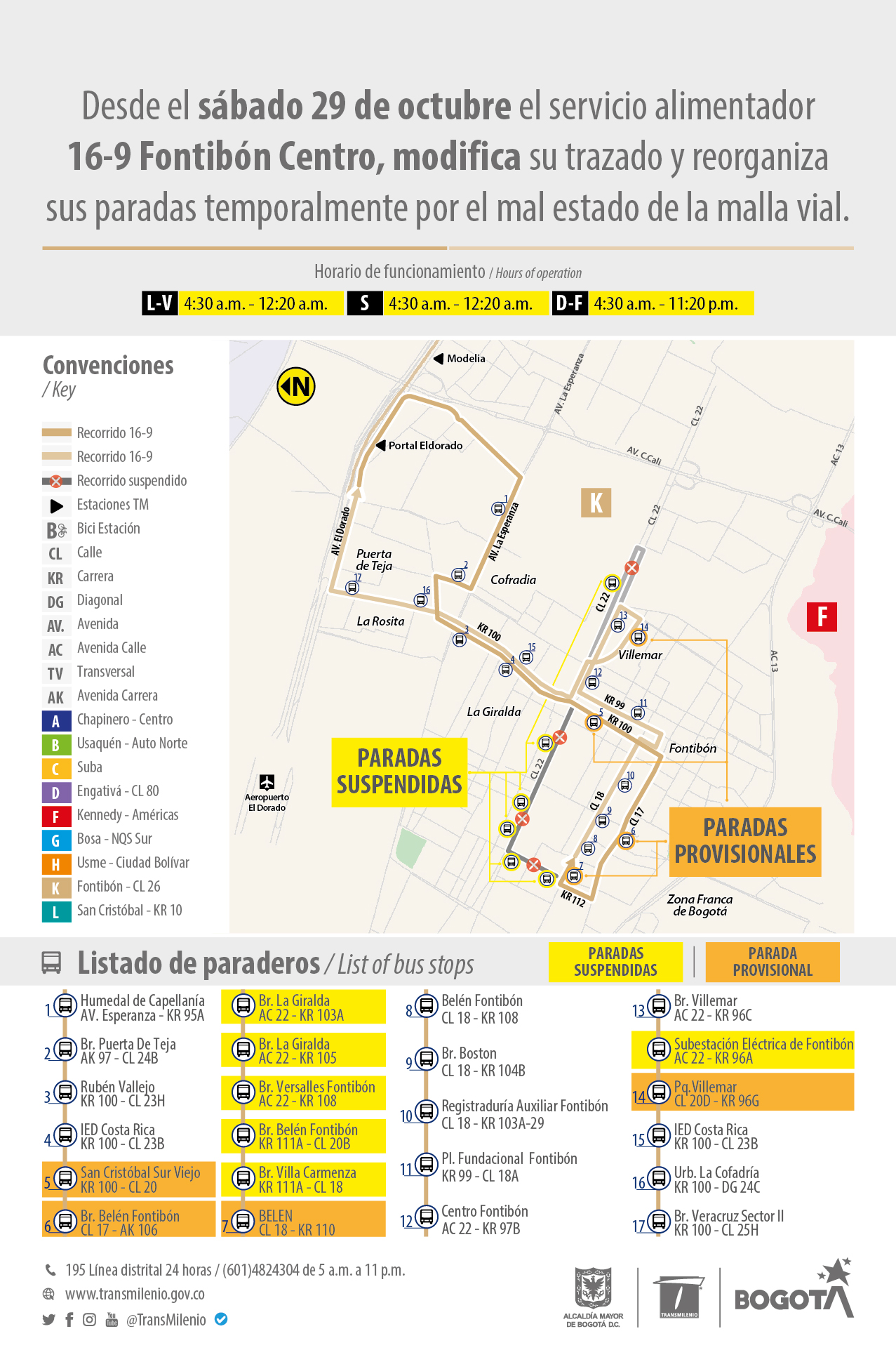 Recorrido de la ruta 16-9 con paradas provisionales en carrera 100-Calle 20, Calle 17 con Avenida 106, Calle 18 con carrera 110 y Calle 20D con Carrera 96G