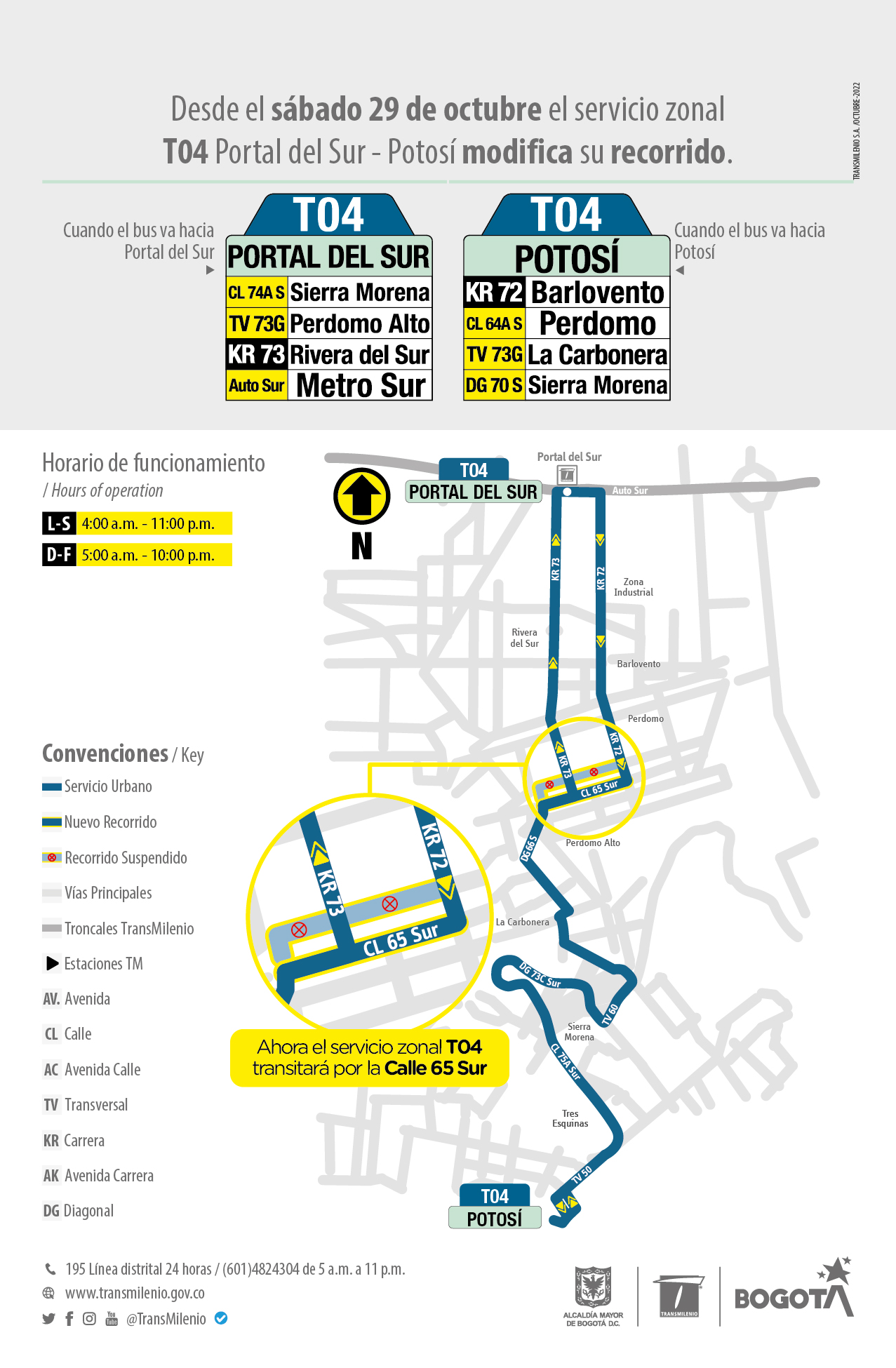 Recorrido de la ruta T04 en el sector de la Calle 65 Sur