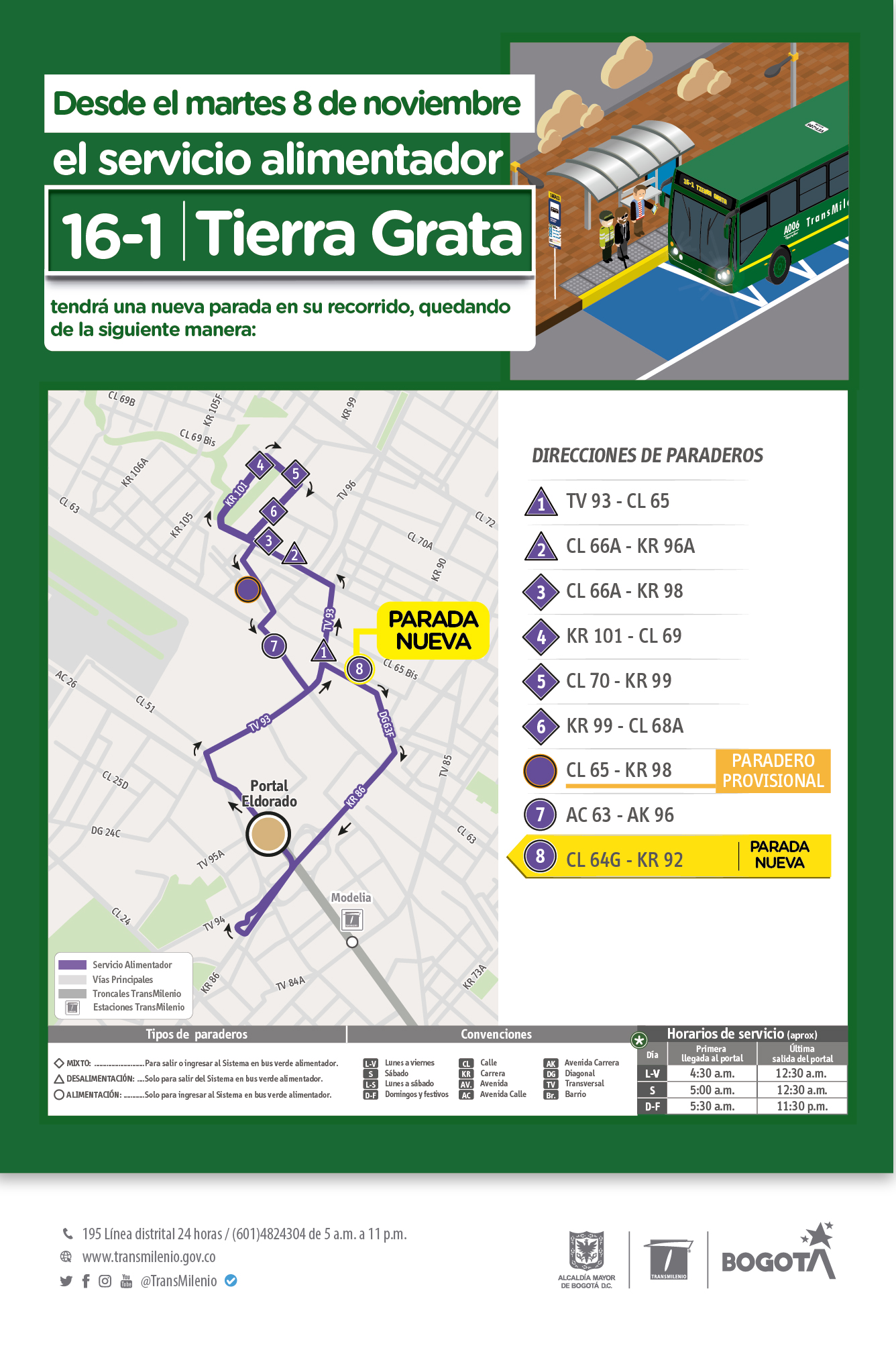 Recorrido de la ruta 16-1 con nueva parada en la Calle 64G con Carrera 92