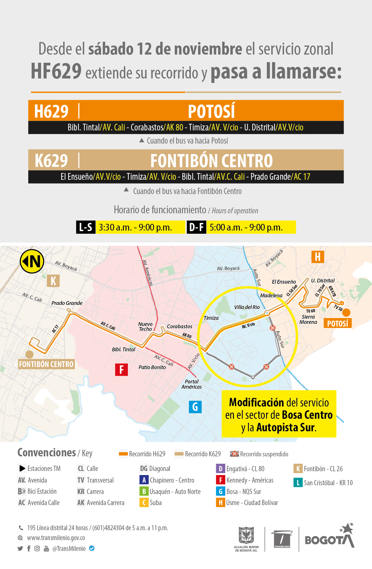 Cambios operacionales de la ruta HF629 en el sector de Bosa Centro