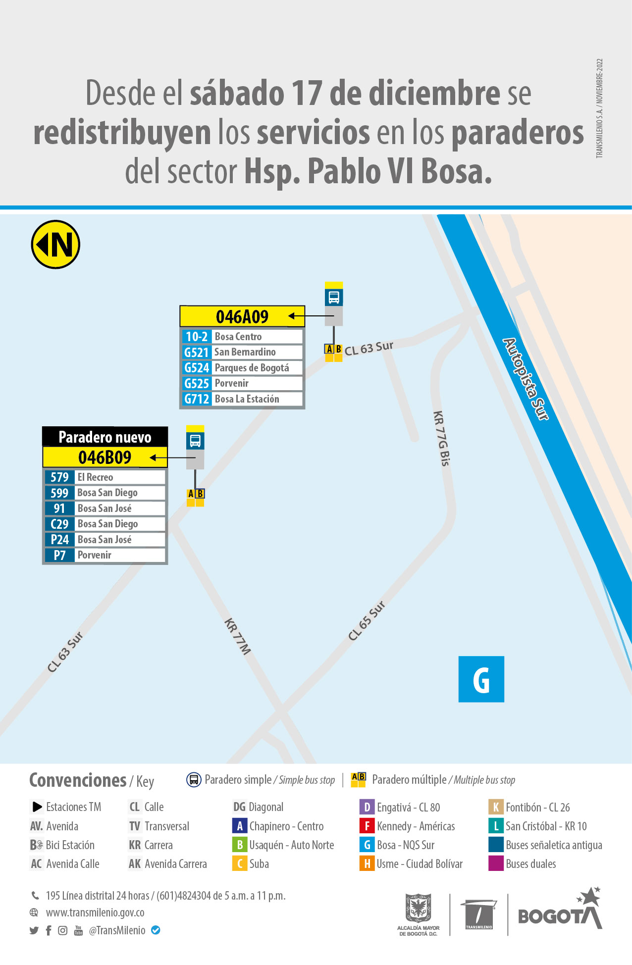 En el sector del Hospital Pablo VI Bosa los paraderos 046A09 y 046B09 de la calle 63 sur se redistribuyen