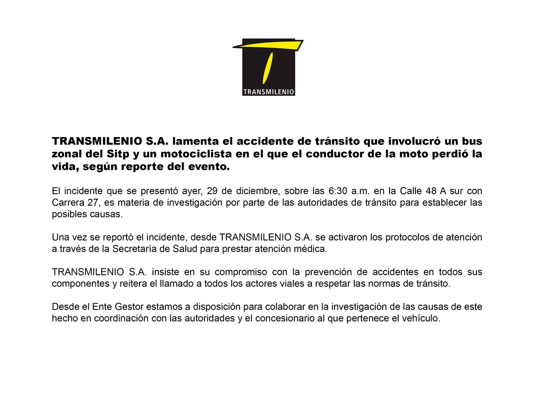 TRANSMILENIO lamenta el incidente de tránsito que involucró un bus zonal del SITP con un motociclista