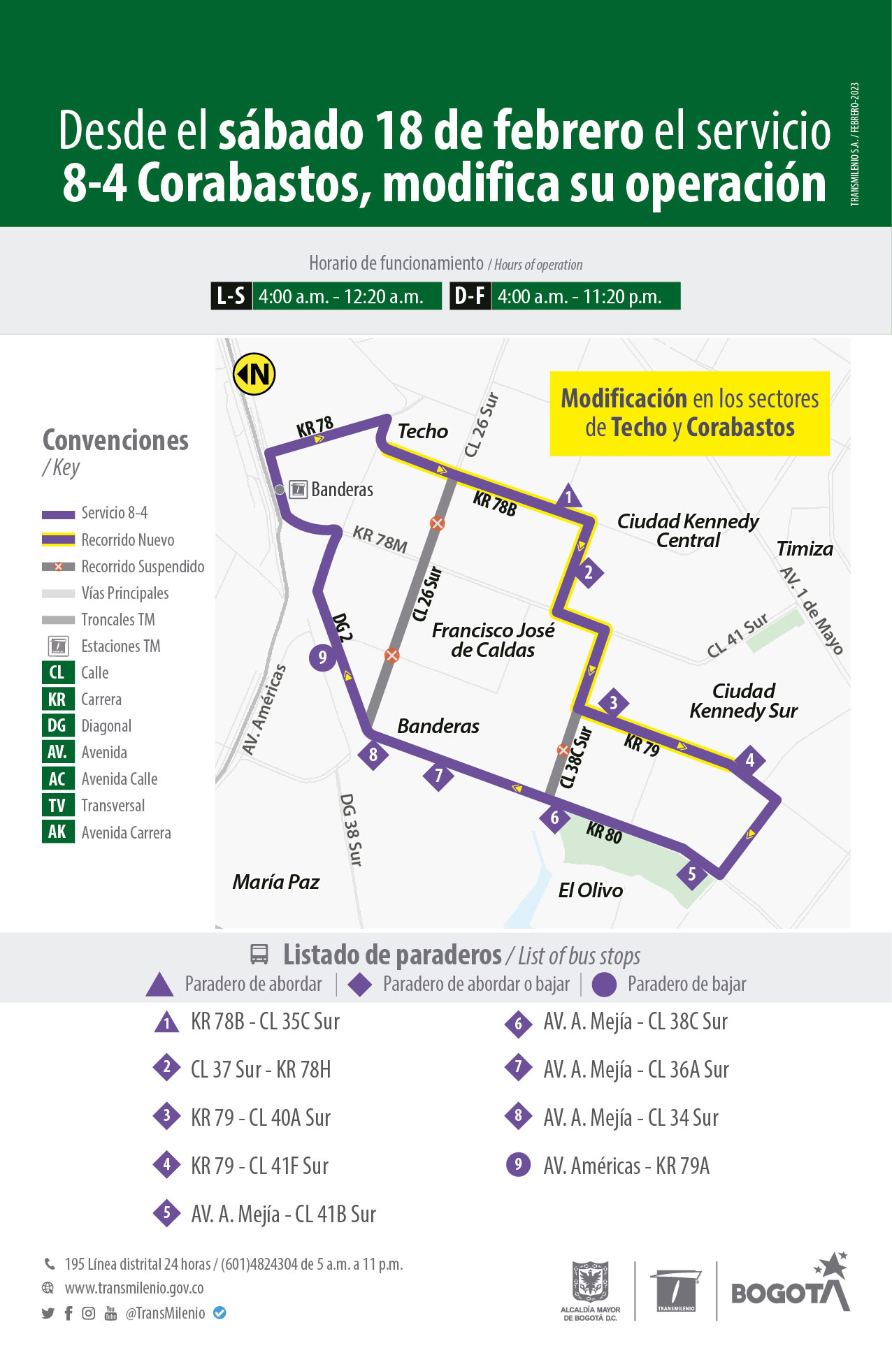 servicio 8-4 Corabastos modifica su operación en los sectores de Techo y Corabastos