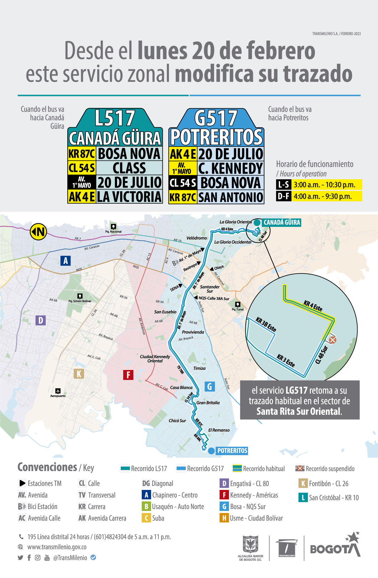 Servicio zonal L517 Canadá Güira - G517 Potreritos modifica su operación en el sector de Santa Rita Sur Oriental