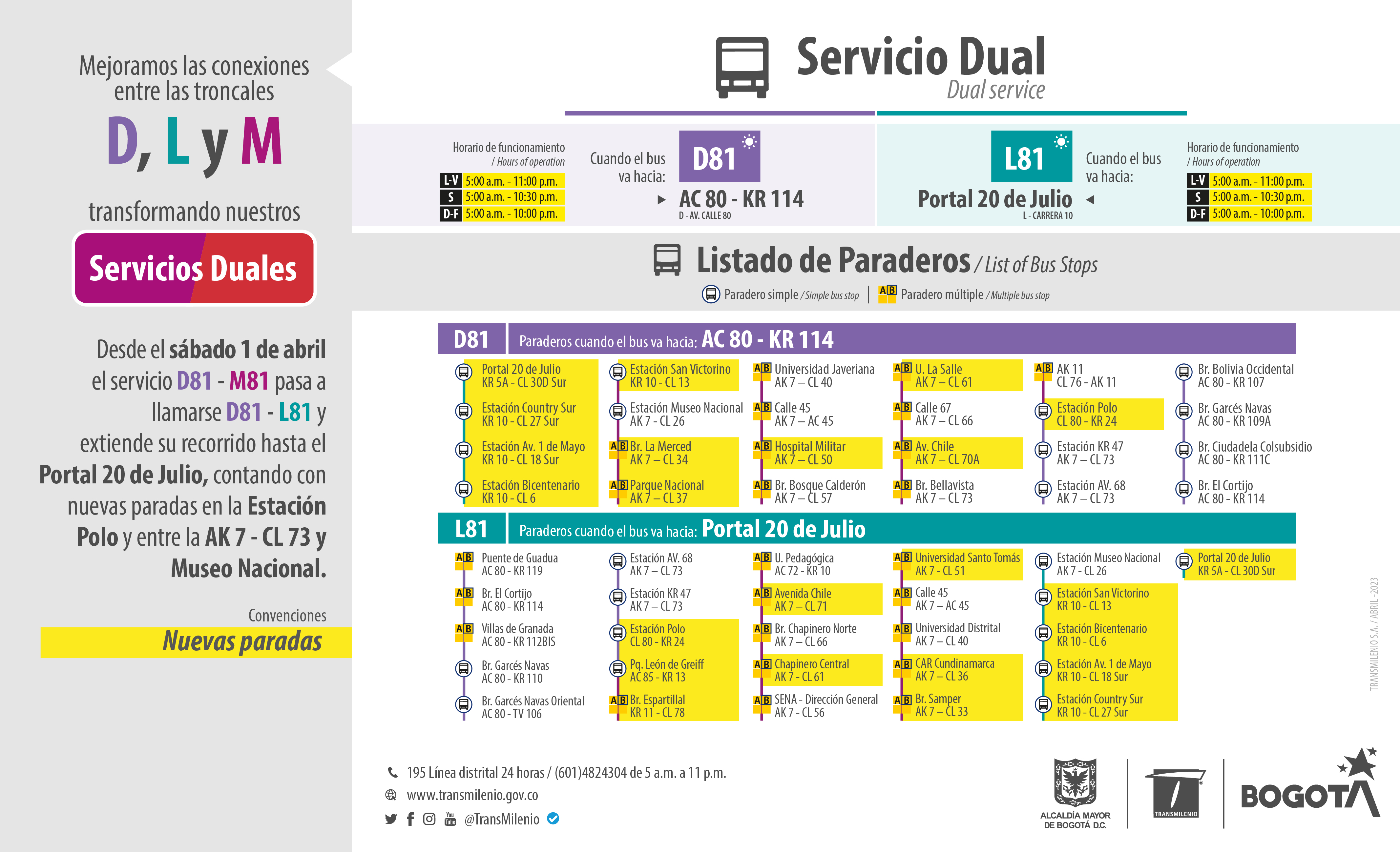 La ruta D81 - M81 pasa a llamarse D81 - L81 ya que extiende su recorrido hasta el Portal 20 de Julio