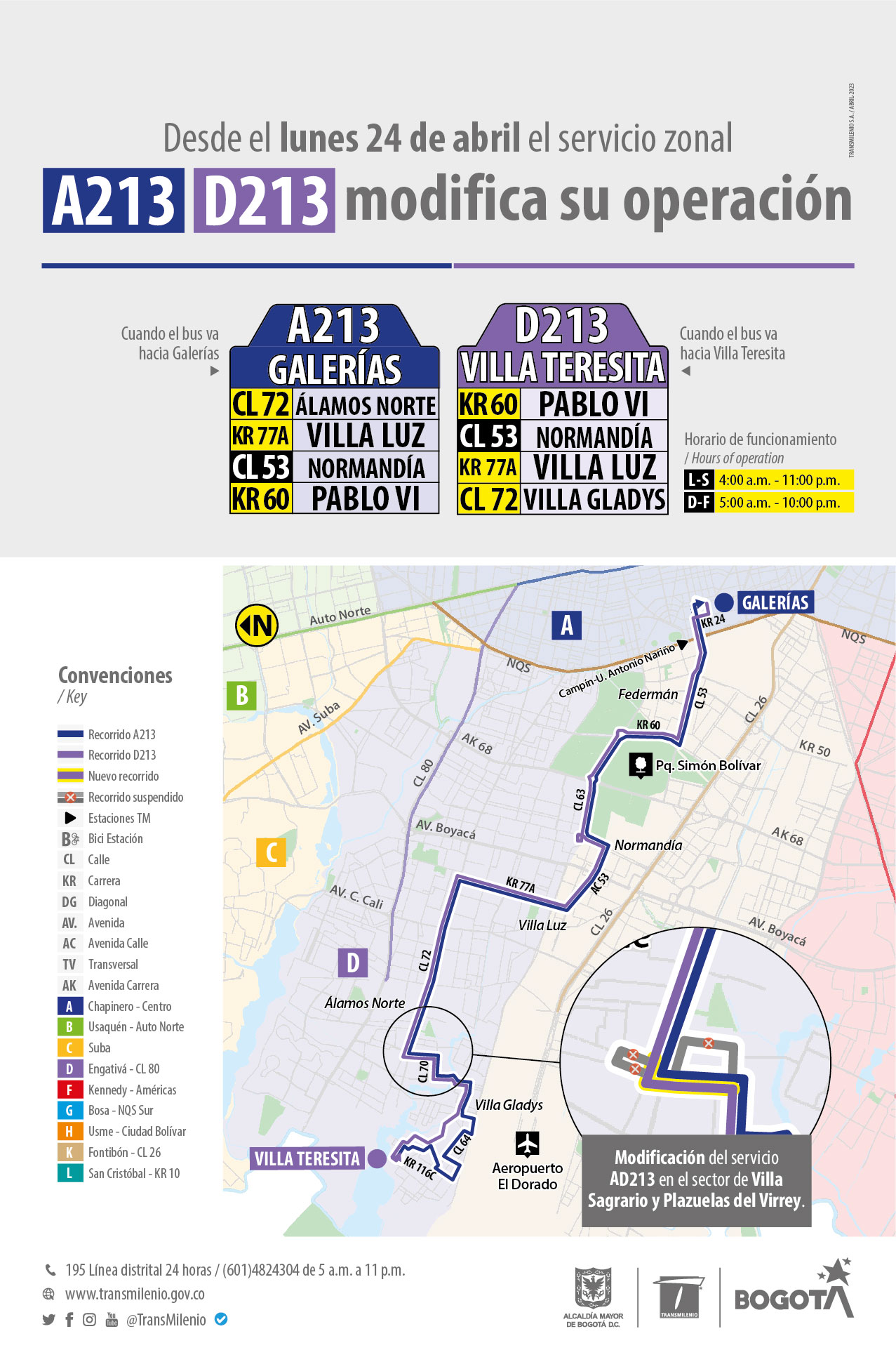 Servicio zonal A213 - D213 modifica su operación