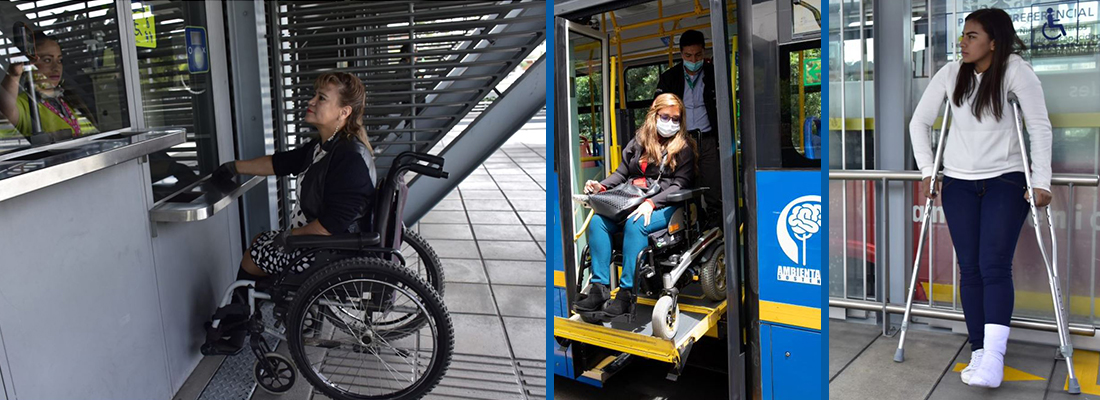 Taquillas del Sistema TransMilenio y apoyos isquiáticos dentro de la estación