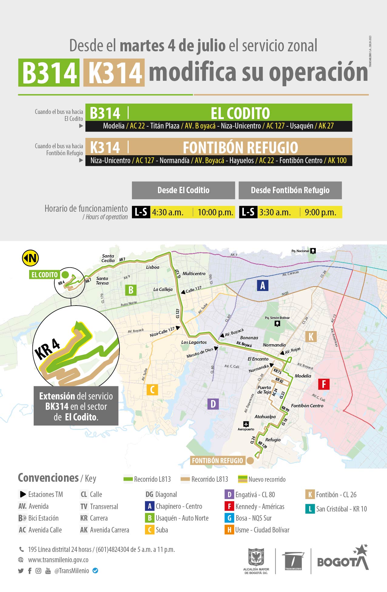 Ruta zonal B314 El Codito - K314 Fontibón Refugio modifica su operación Ruta zonal B314 El Codito - K314 Fontibón Refugio modifica su operación