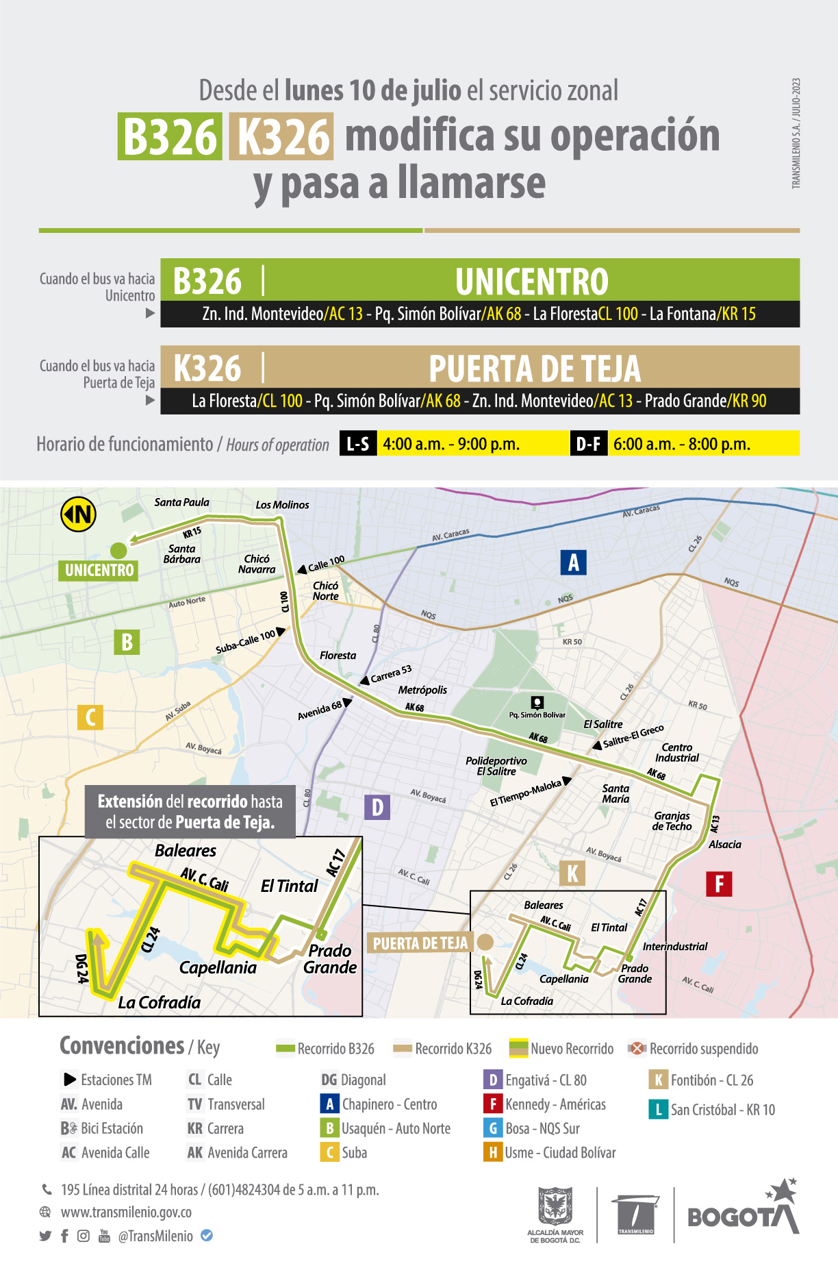 Ruta zonal B326 - K326 modifica su operación y cambia de nombre