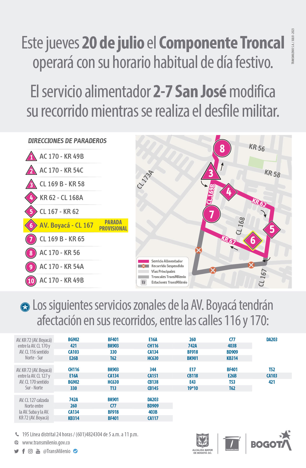 Así operará TransMilenio el 20 de julio
