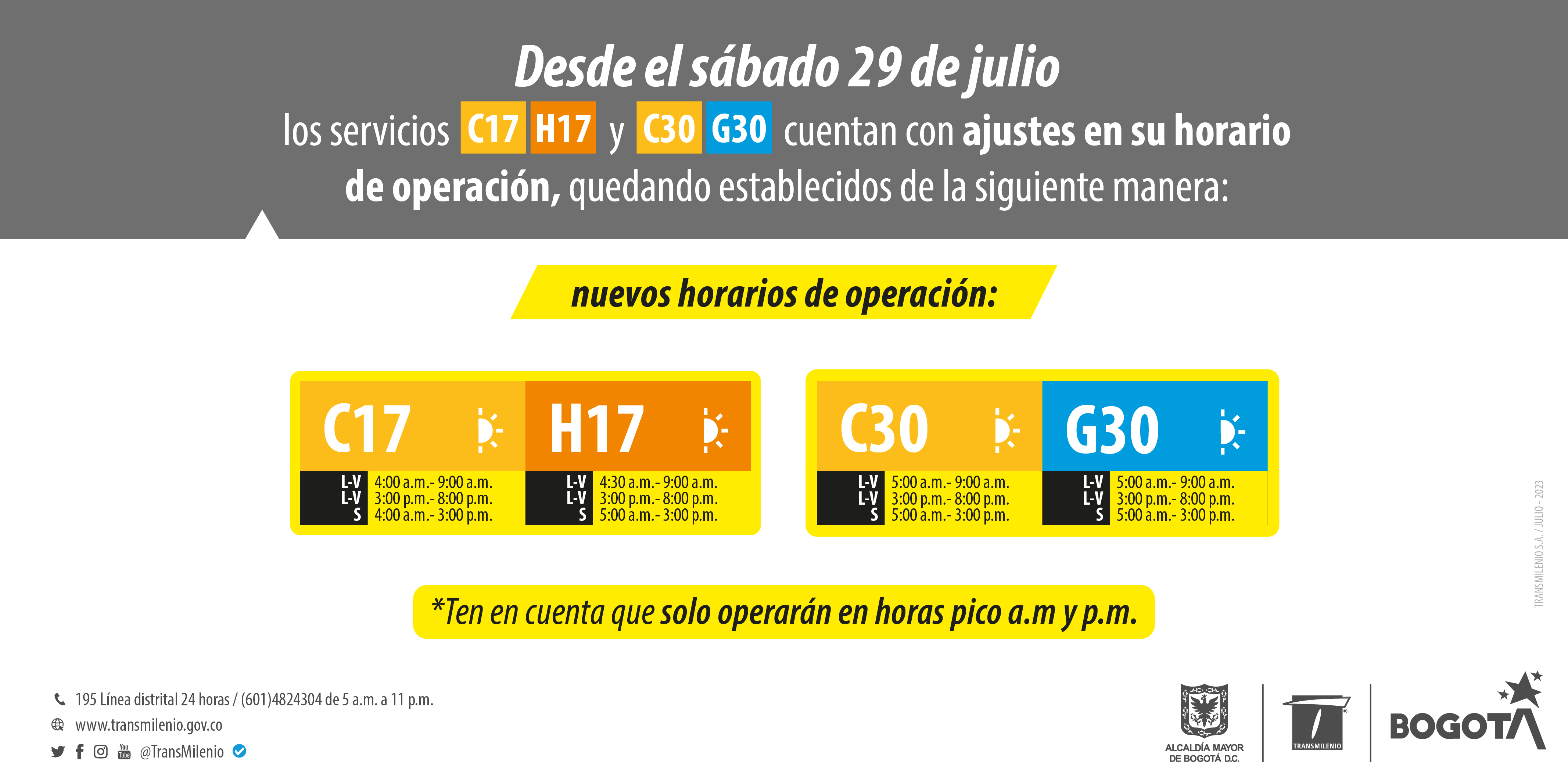 Servicios C17, H17, C30 y G30 modifican su horario de operación