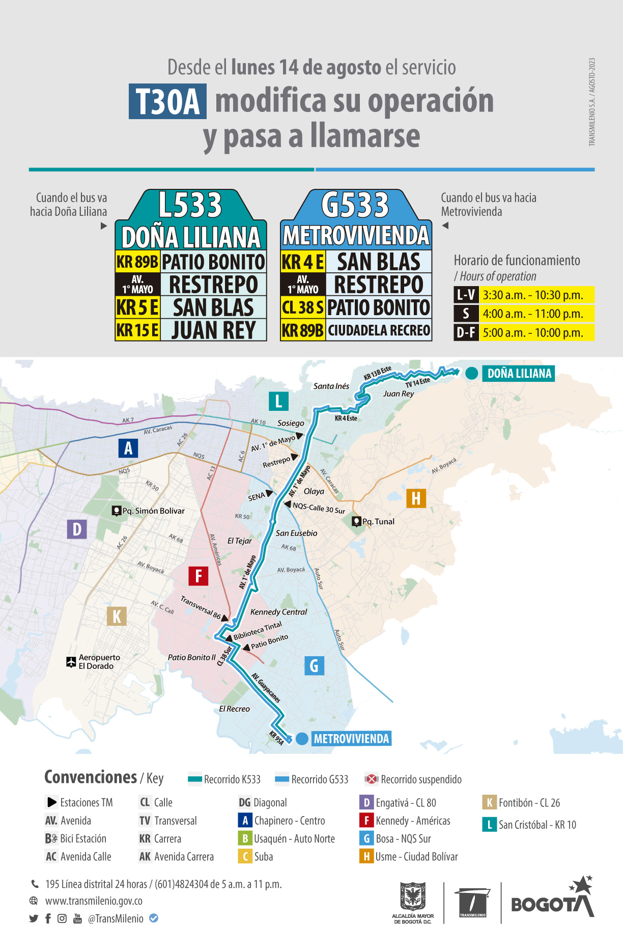  Ruta T30A pasa a llamarse L533 - G533 y modifica su operación, recorrido desde Doña Liliana a Metrovivienda 