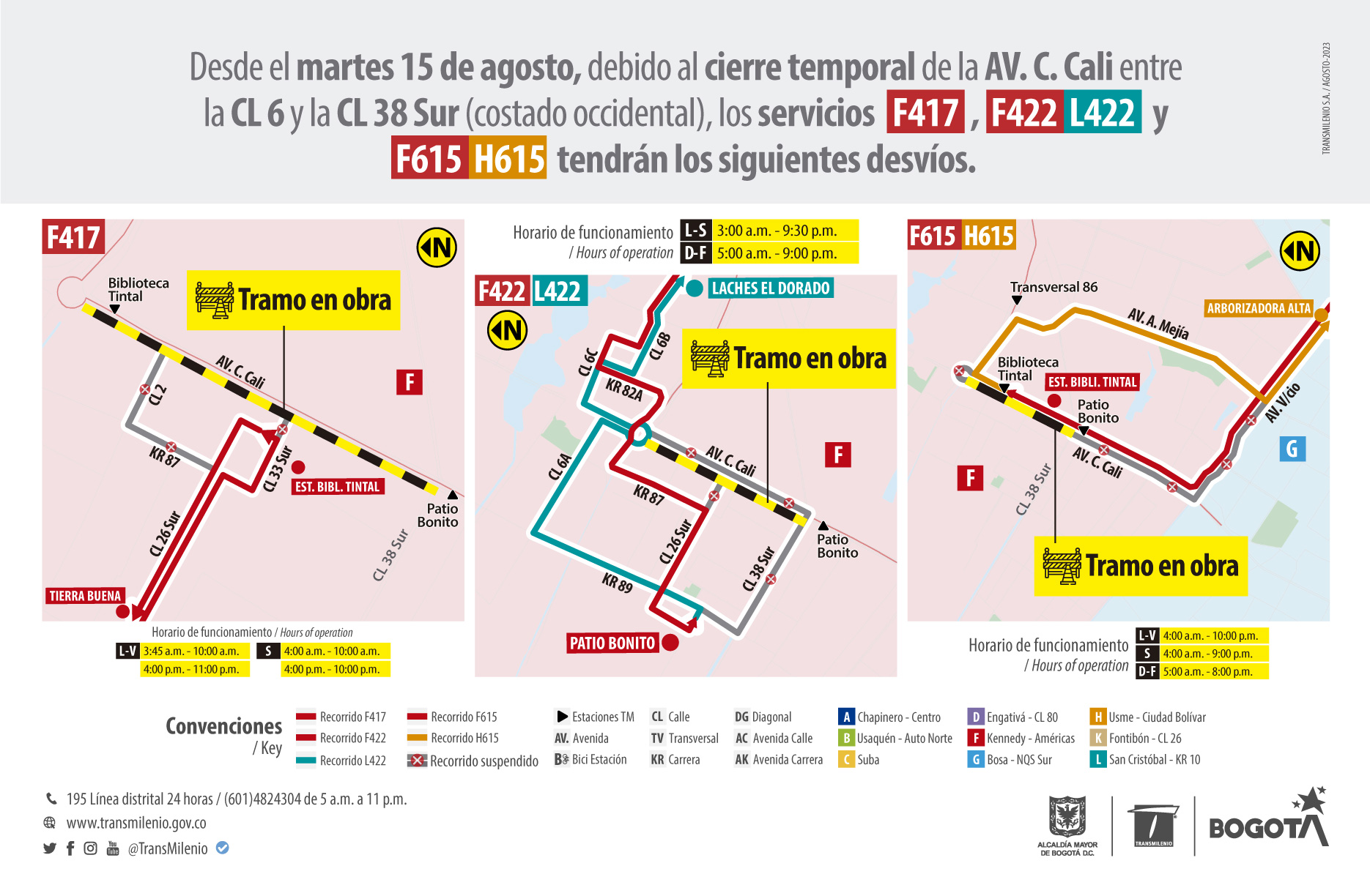  los servicios F417, F422 - L422 , F416 - H416, tendrán desvíos en este tramo de la obra