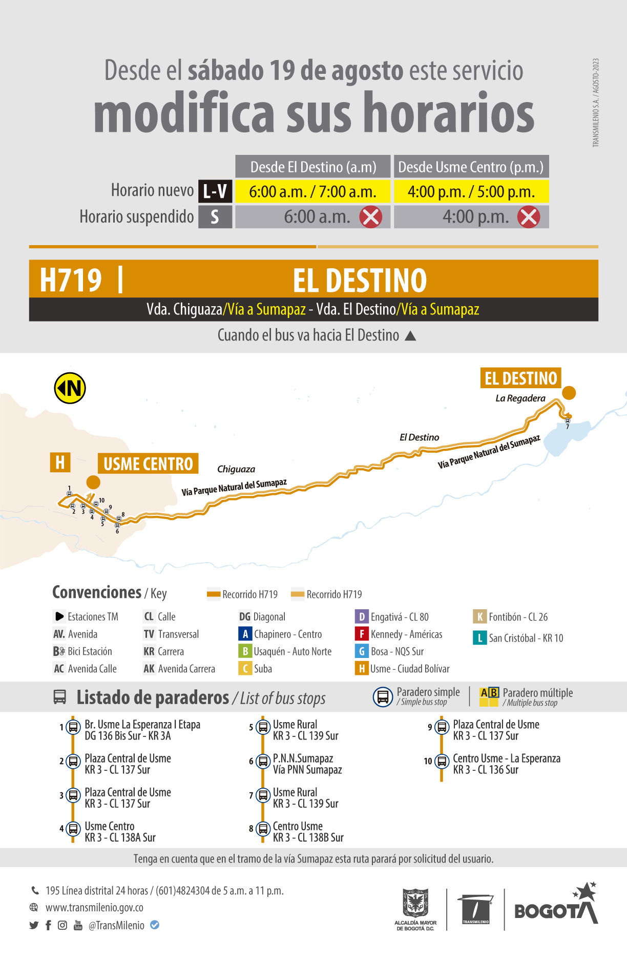 Ruta H719 El Destino modifica su horario de operación