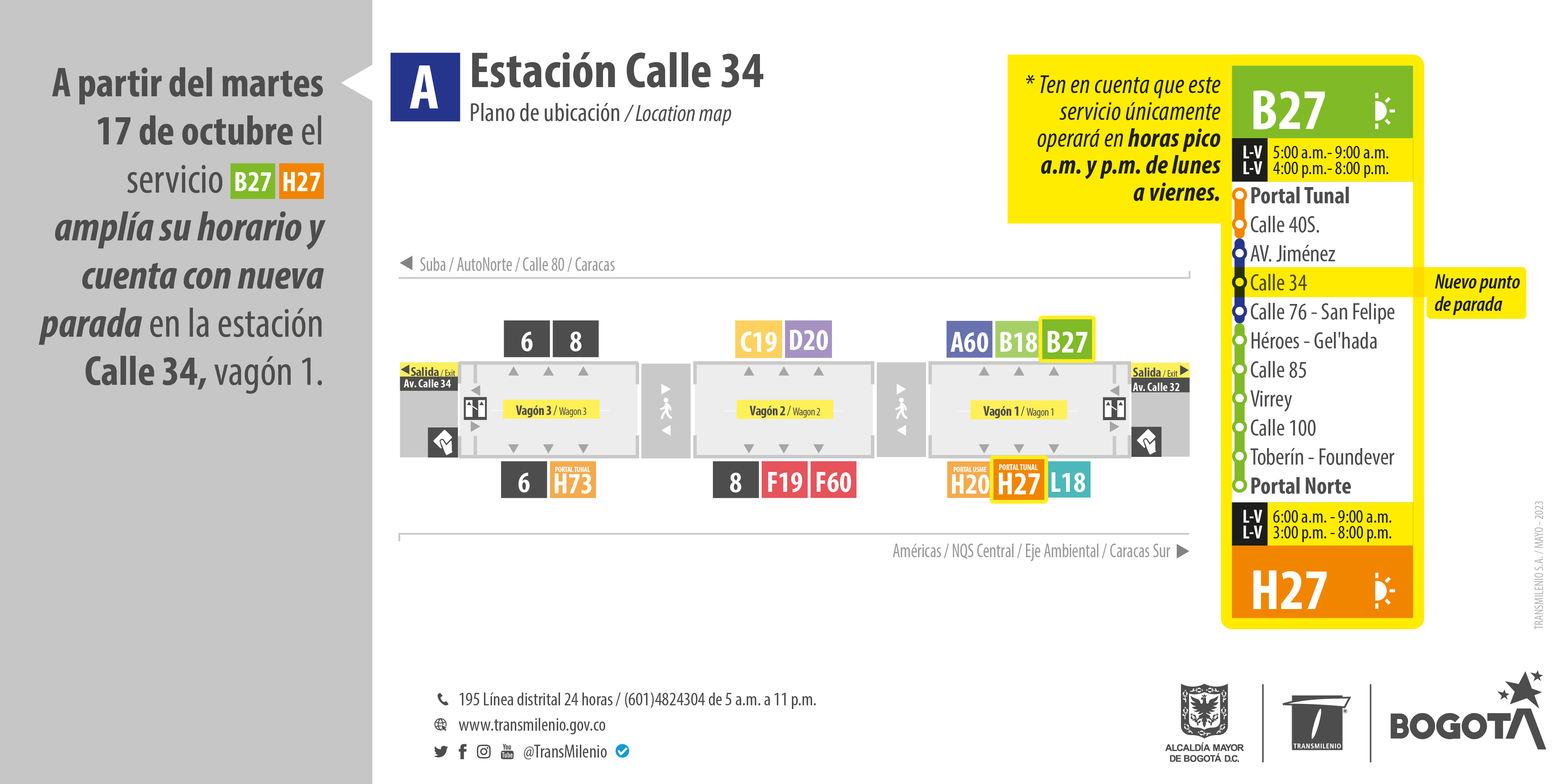 Plano de estación de la calle 34  con la novedad de la ruta B27-H27